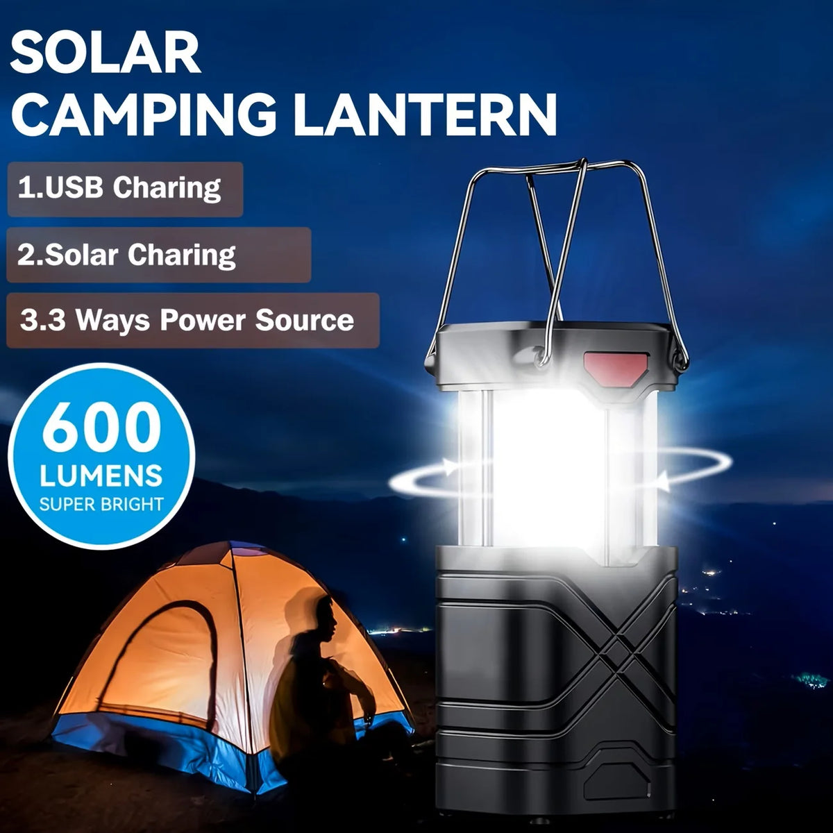Rechargeable Solar Camping Lantern With LED Flashlight For Emergencies