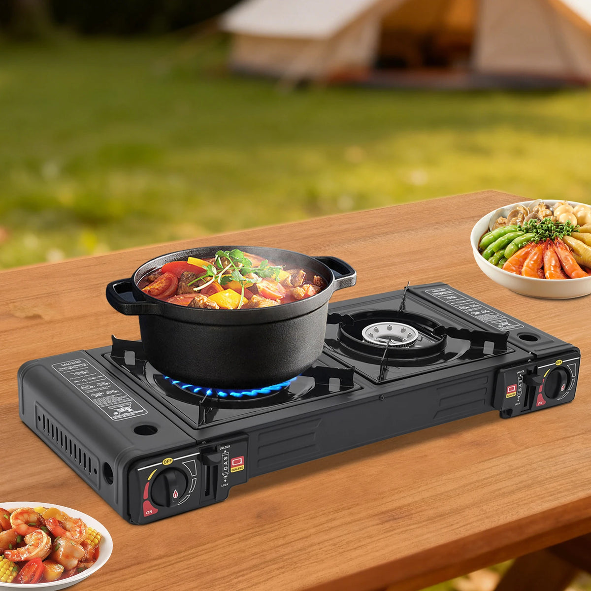 Double Burner Gas Stove With Piezo Ignition And Carry Case