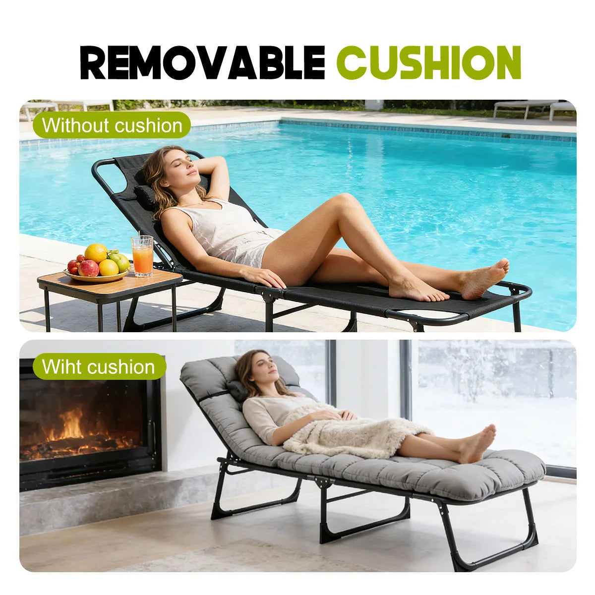 Adjustable Reclining Folding Camping Lounge Chair With Removable Cushion
