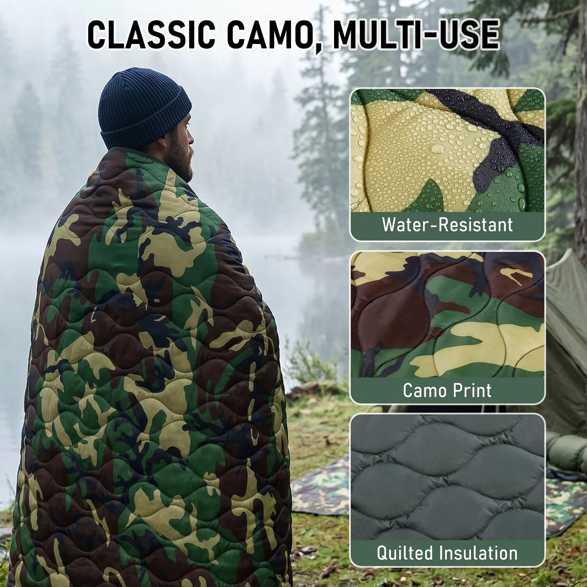Portable Lightweight Quilted Camping Blanket and Outdoor Survival Poncho Liner