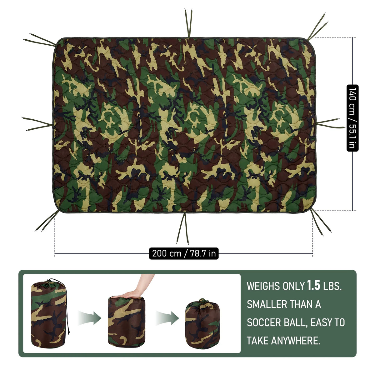 Portable Lightweight Quilted Camping Blanket and Outdoor Survival Poncho Liner