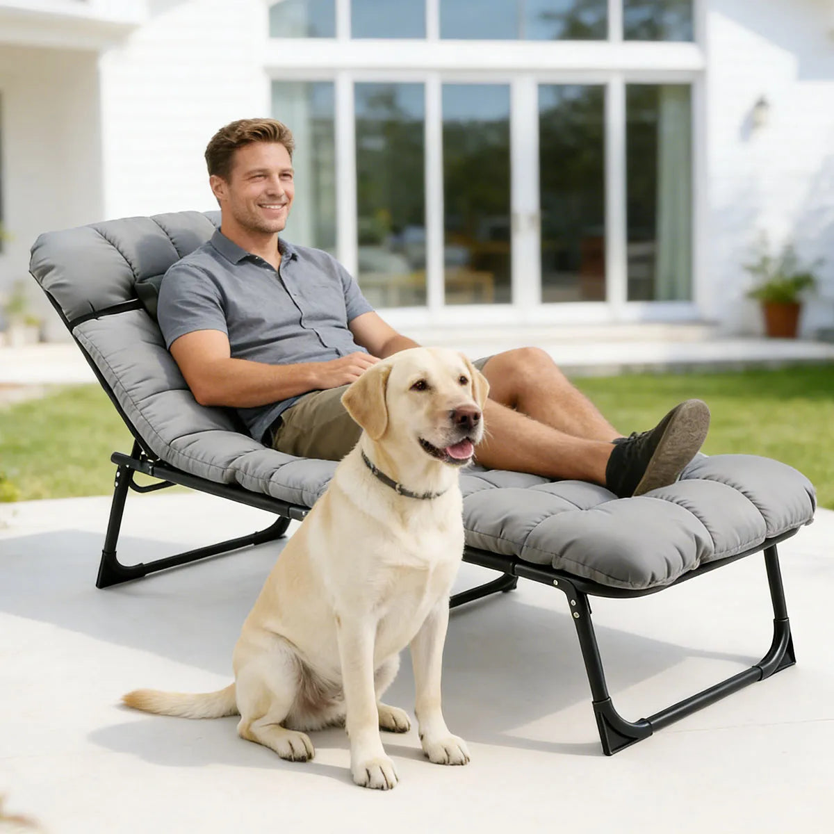 Adjustable Reclining Folding Camping Lounge Chair With Removable Cushion