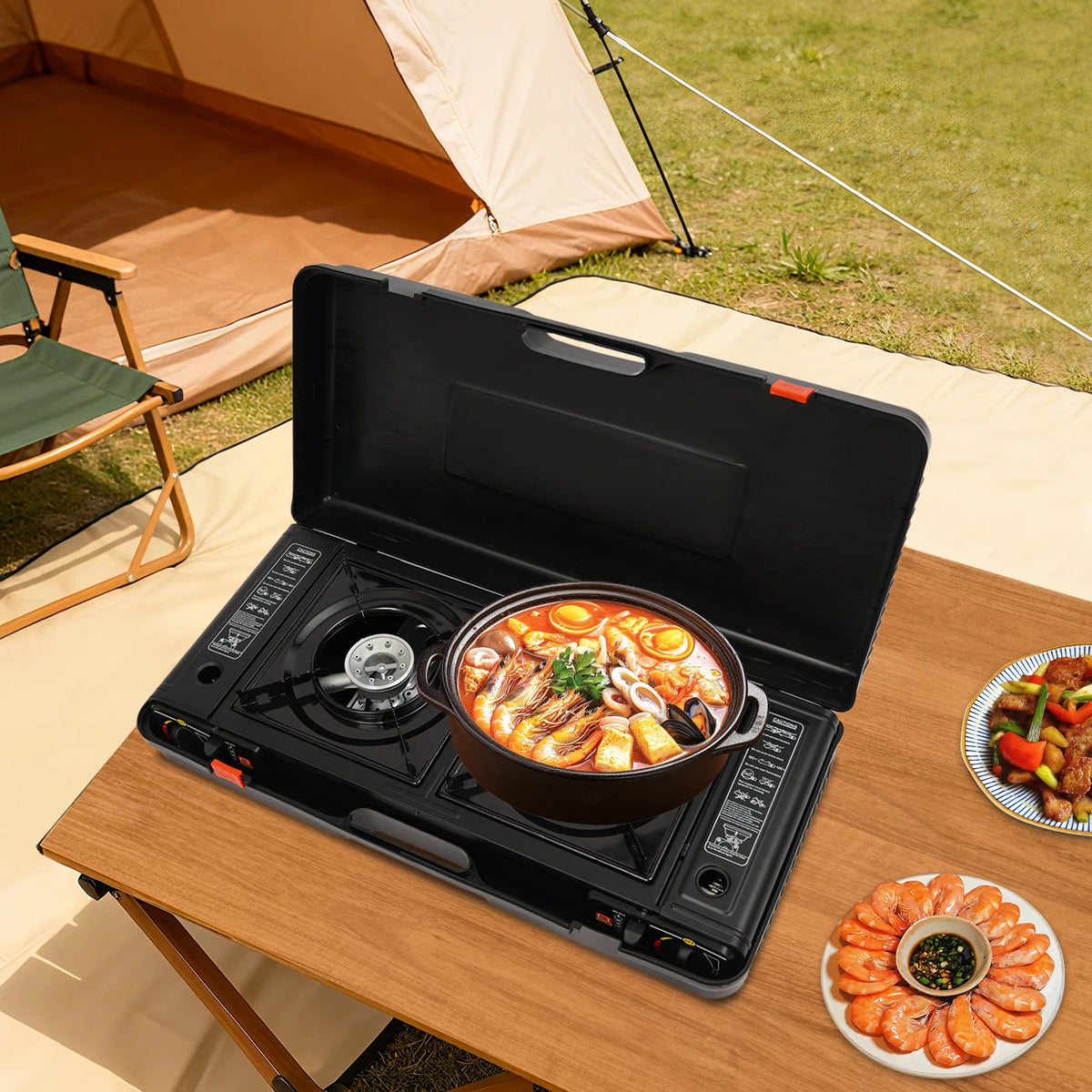 Double Burner Gas Stove With Piezo Ignition And Carry Case