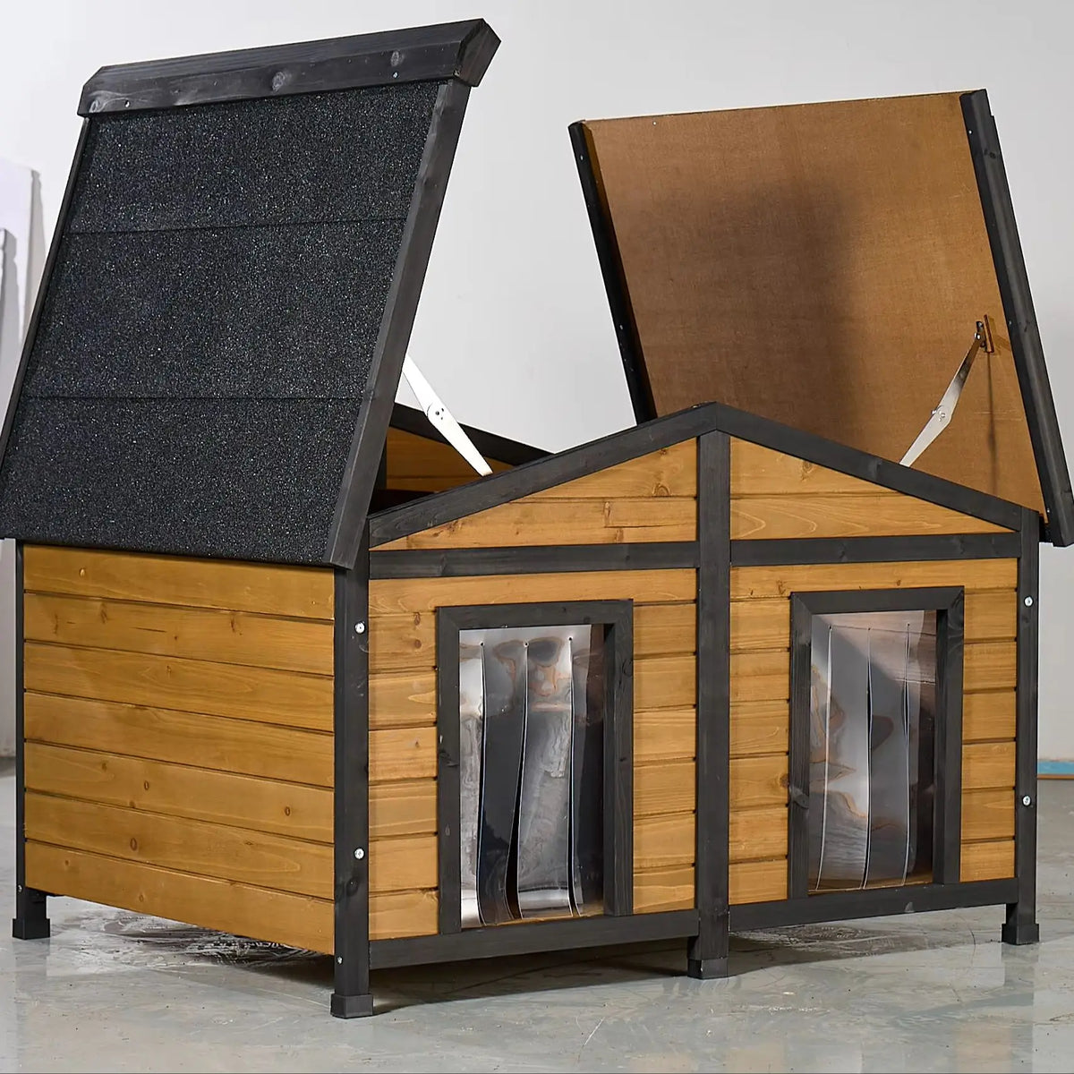 Natural Wood Double Door Outdoor Dog House Waterproof Kennel