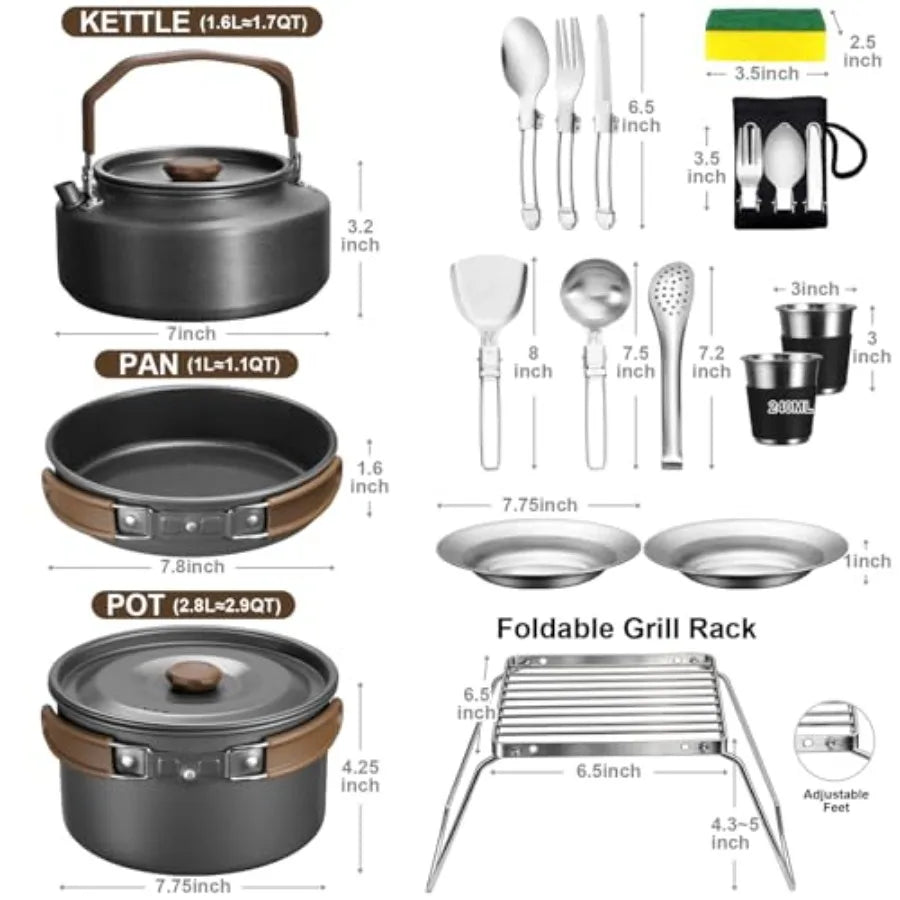 Outdoor Camping Cookware Set with Pot, Pan, Kettle and Utensils