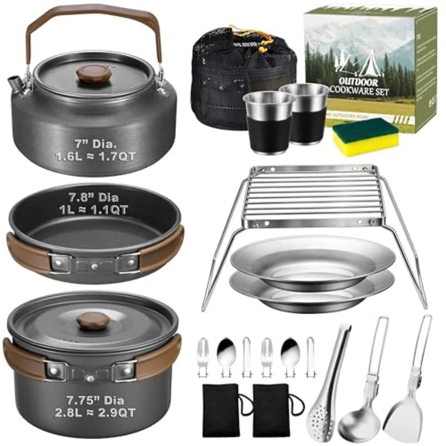 Outdoor Camping Cookware Set with Pot, Pan, Kettle and Utensils