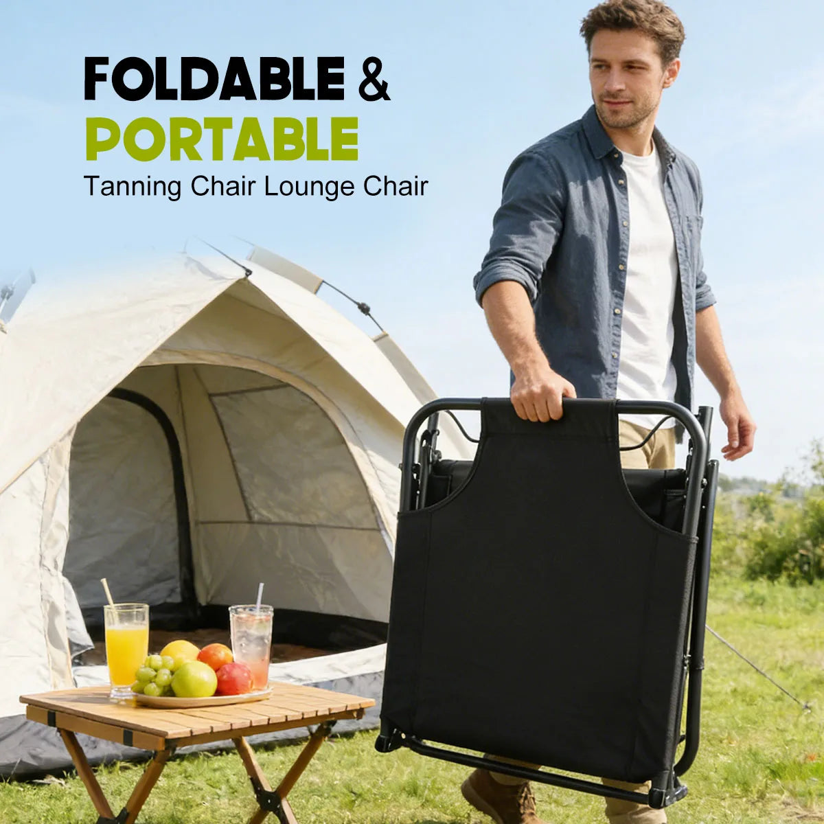 Adjustable Reclining Folding Camping Lounge Chair With Removable Cushion
