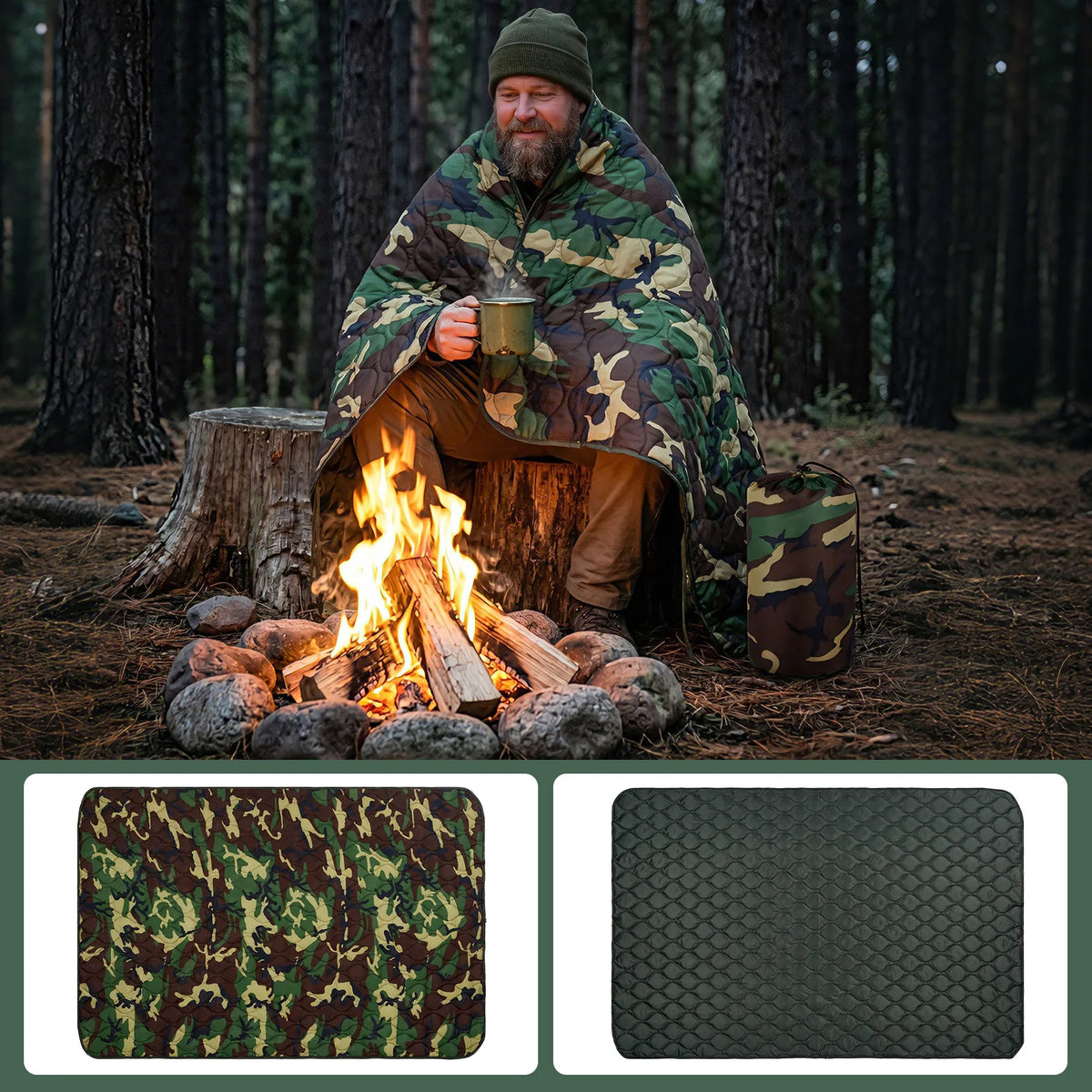 Portable Lightweight Quilted Camping Blanket and Outdoor Survival Poncho Liner