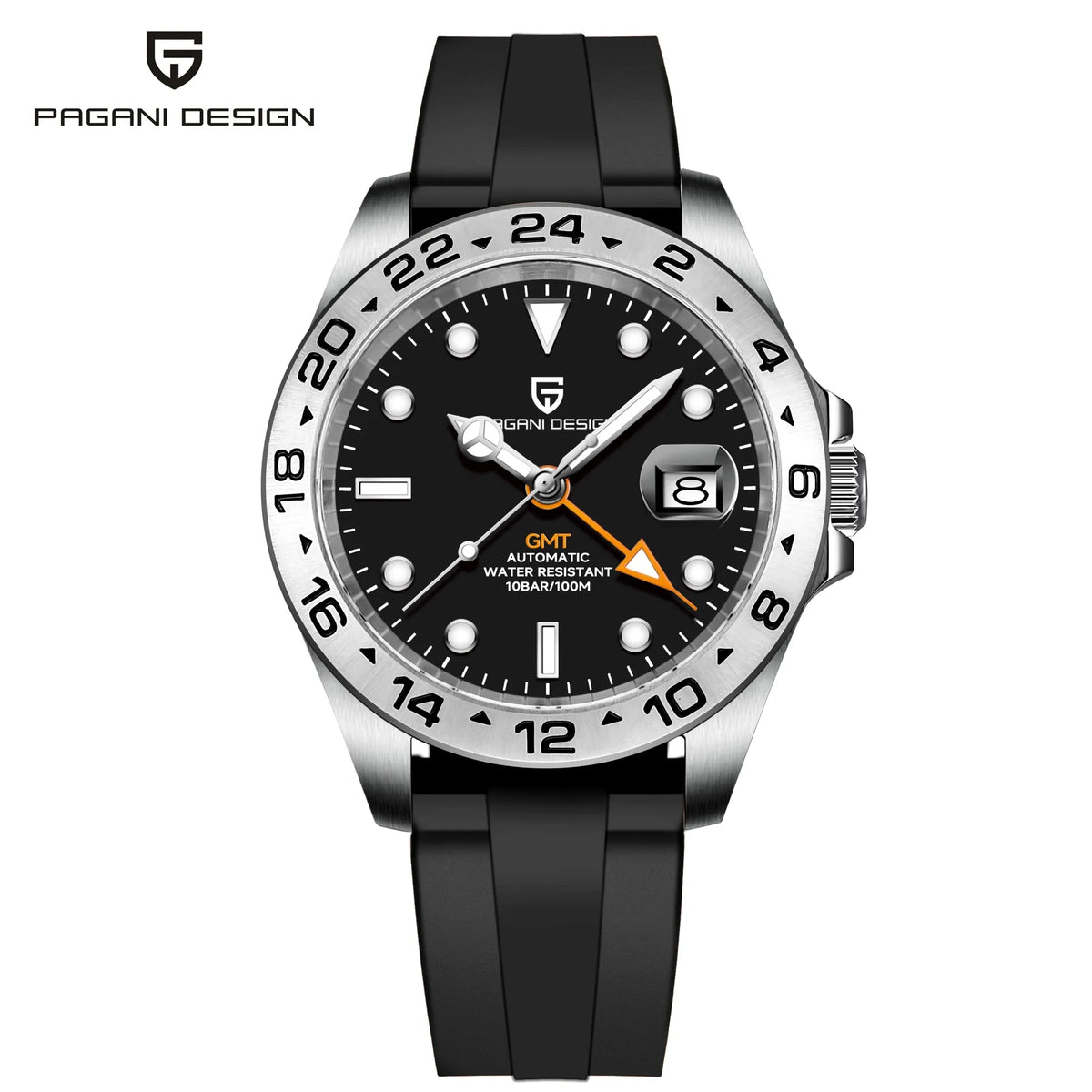 PAGANI DESIGN PD-1682 GMT Automatic Watch Men 42mm Sapphire Glass 100M Waterproof Date FKM Rubber Strap Mechanical Wristwatch
