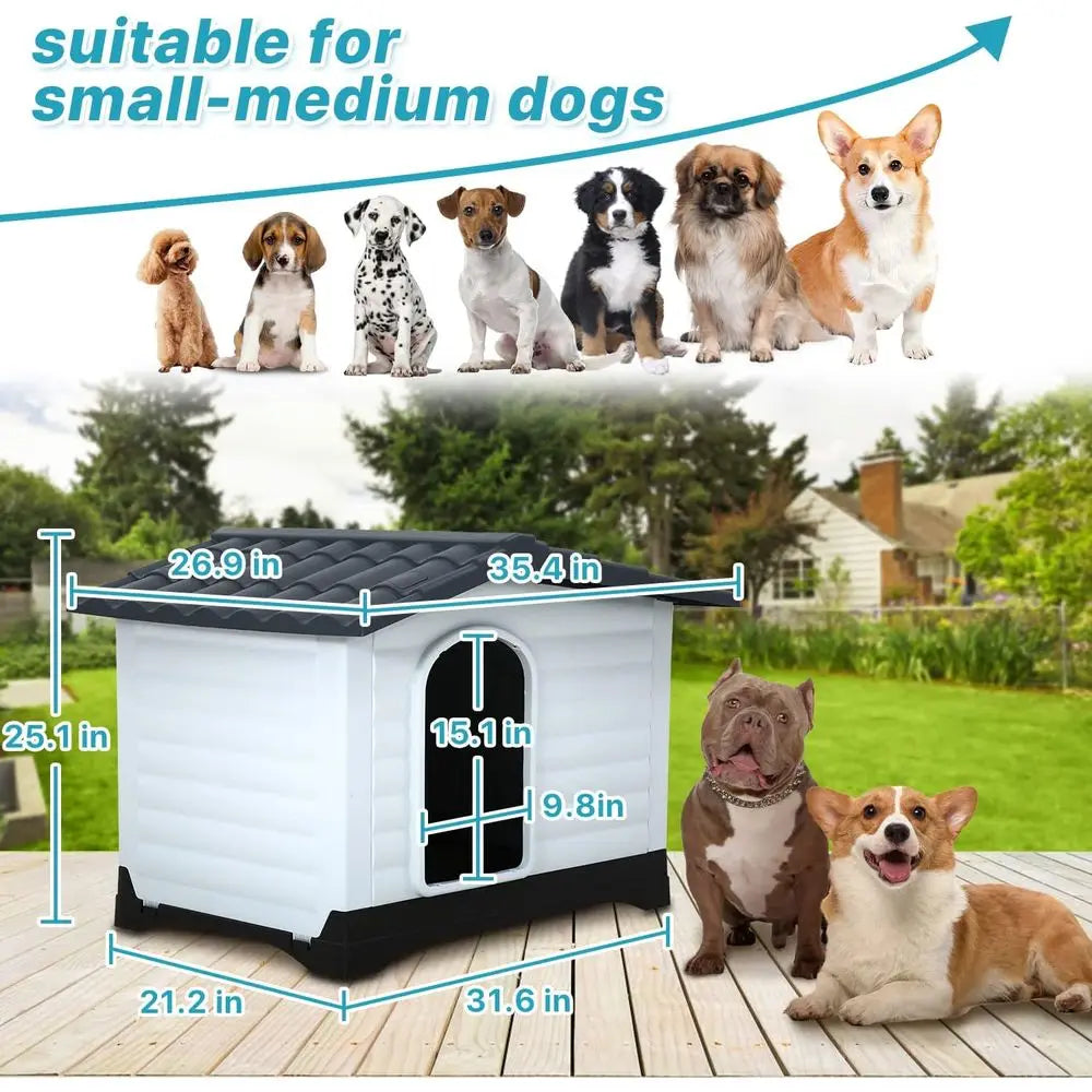 Durable Plastic Dog House With Ventilated Indoor Outdoor Shelter