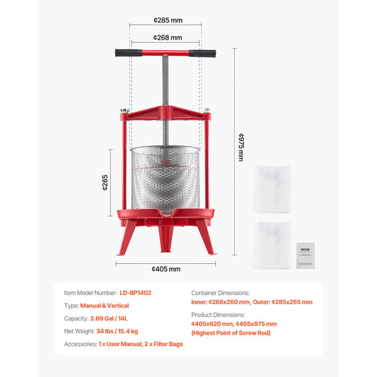 SucceBuy Stainless Steel Manual Fruit Wine and Juice Press