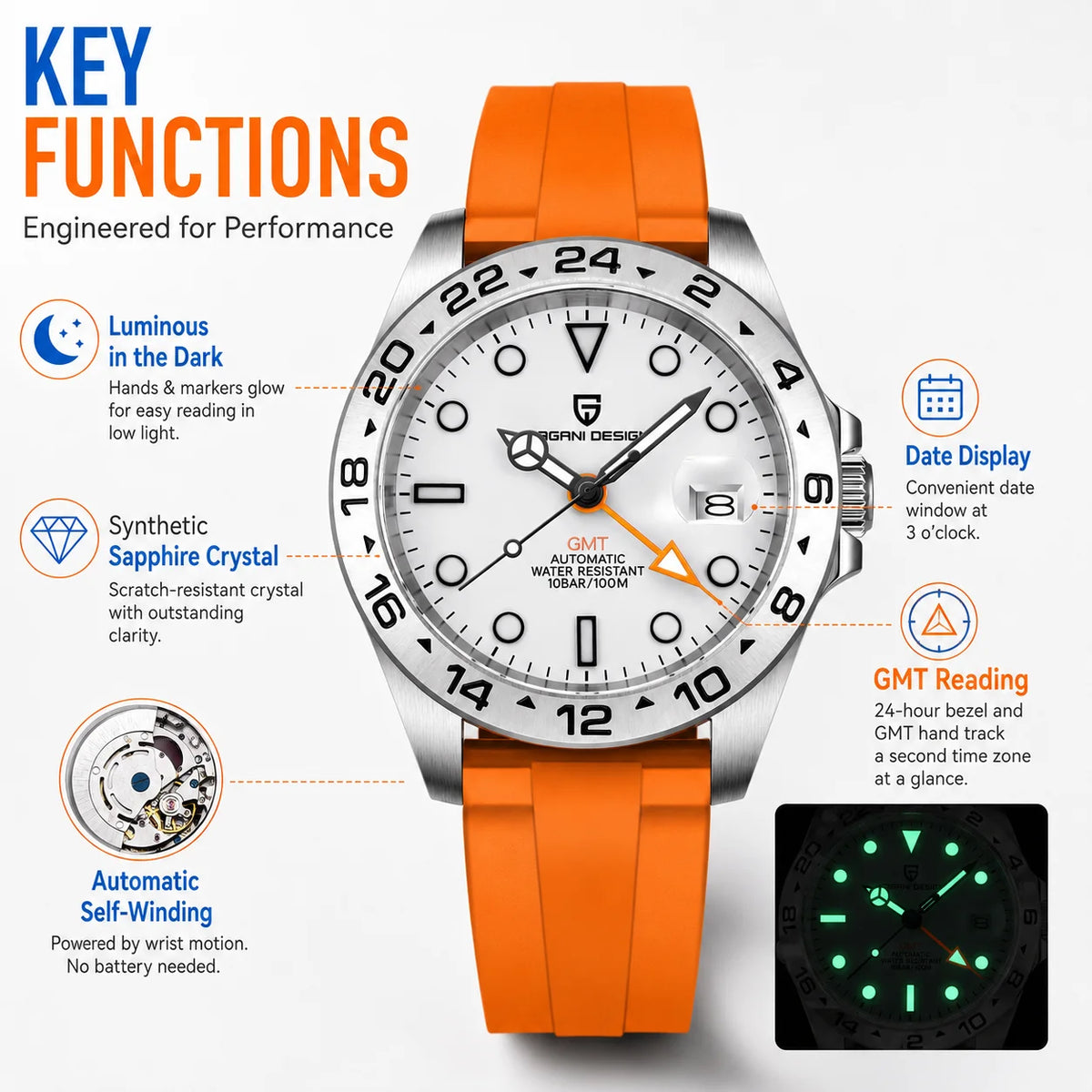 PAGANI DESIGN PD-1682 GMT Automatic Watch Men 42mm Sapphire Glass 100M Waterproof Date FKM Rubber Strap Mechanical Wristwatch