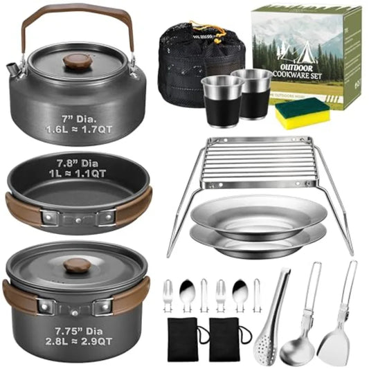 Outdoor Camping Cookware Set with Pot, Pan, Kettle and Utensils