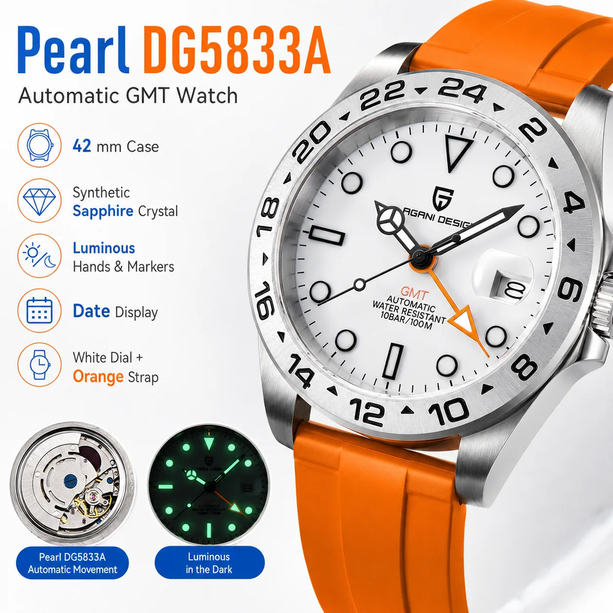 PAGANI DESIGN PD-1682 GMT Automatic Watch Men 42mm Sapphire Glass 100M Waterproof Date FKM Rubber Strap Mechanical Wristwatch