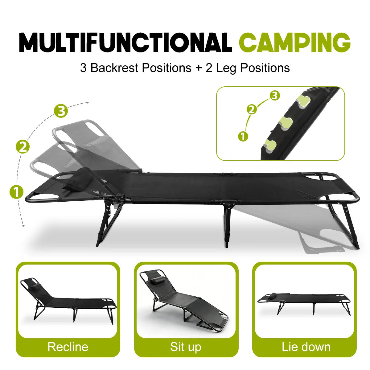 Adjustable Reclining Folding Camping Lounge Chair With Removable Cushion