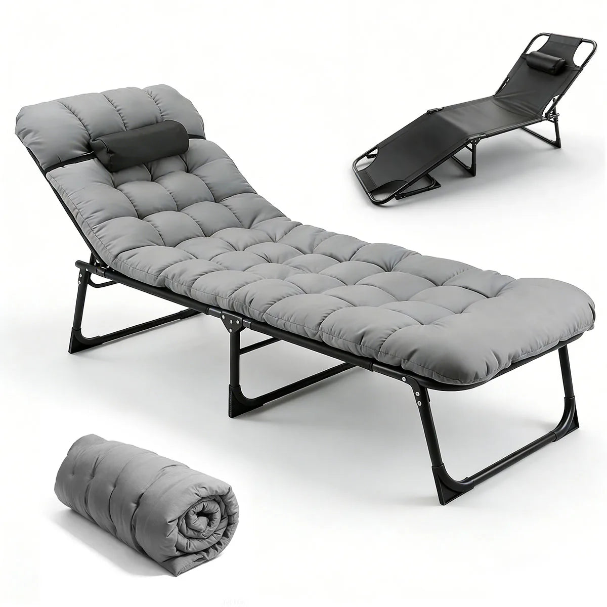 Adjustable Reclining Folding Camping Lounge Chair With Removable Cushion