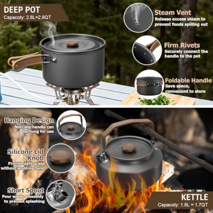 Outdoor Camping Cookware Set with Pot, Pan, Kettle and Utensils